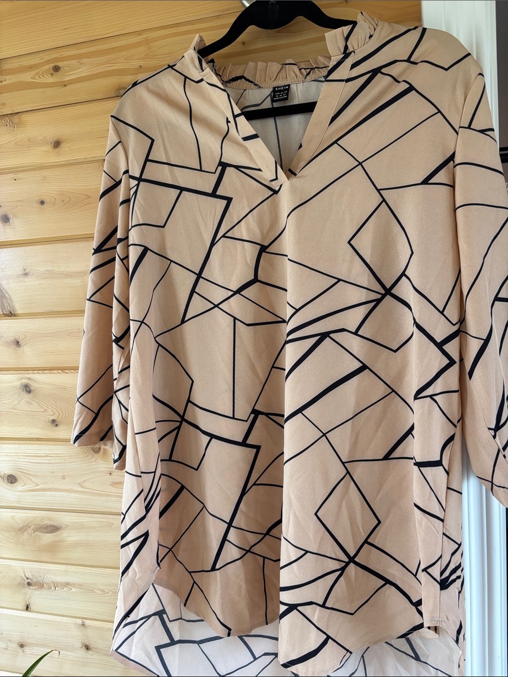 SHEIN Geometric Print Blouse in tan with Black Lines
